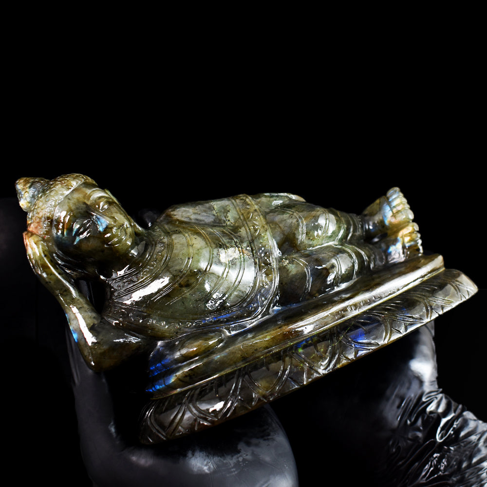 Exclusive 7235.00 Cts Genuine Blue Flash Labradorite Hand Carved Crystal Sleeping Buddha Gemstone Carving