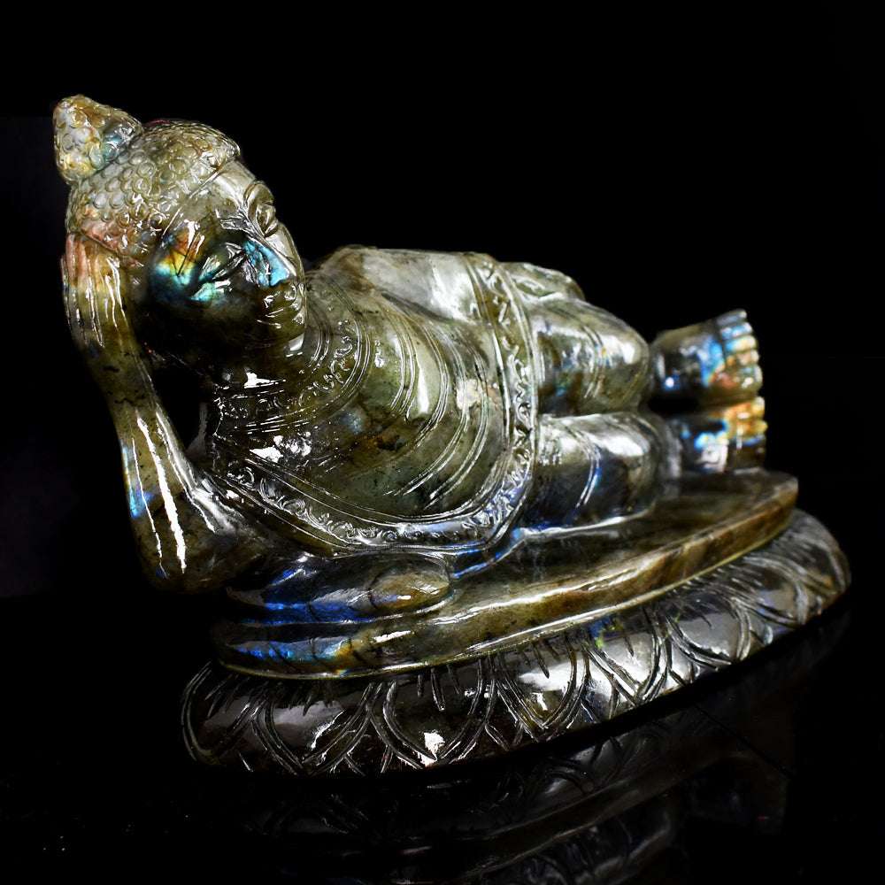 Exclusive 7235.00 Cts Genuine Blue Flash Labradorite Hand Carved Crystal Sleeping Buddha Gemstone Carving