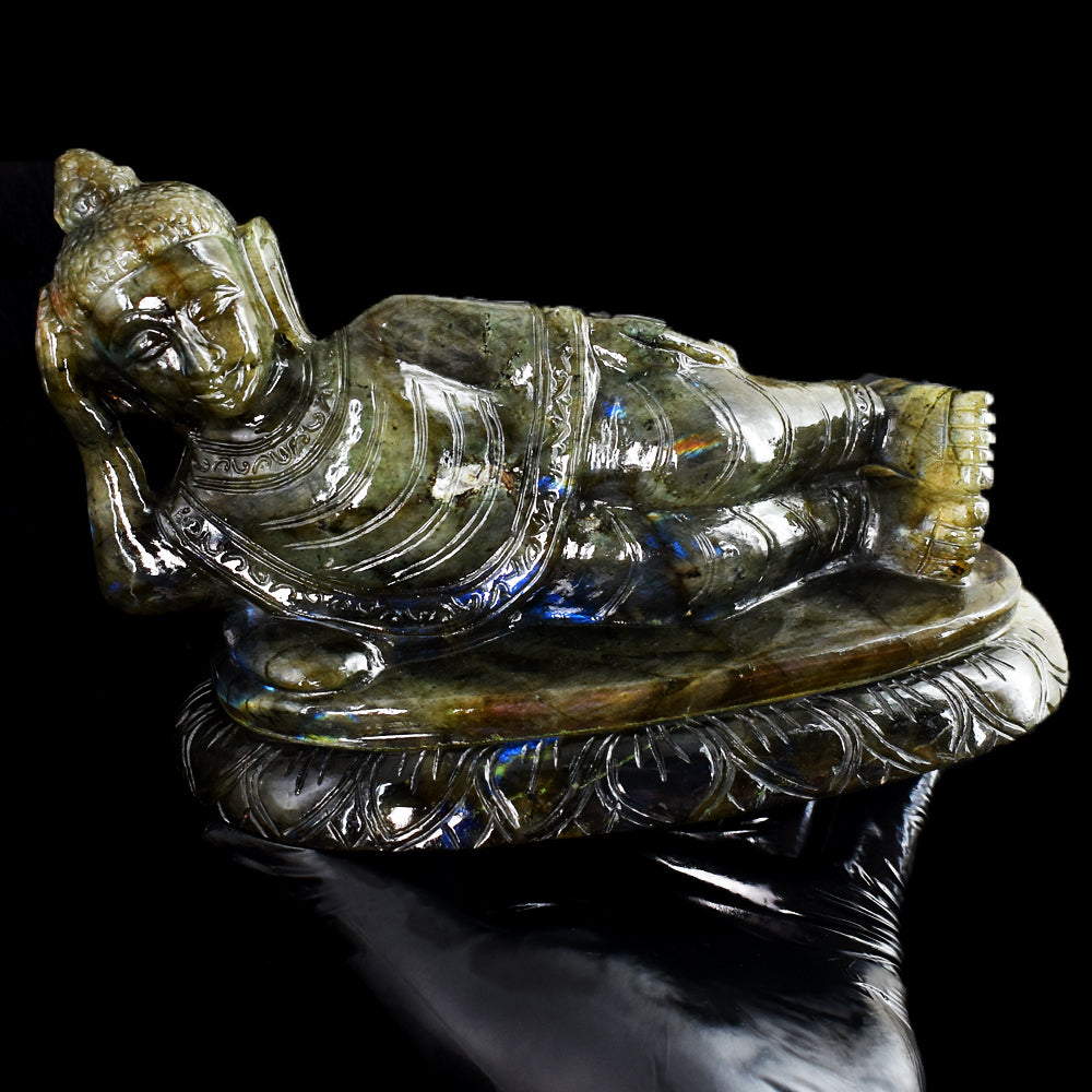 Exclusive 7235.00 Cts Genuine Blue Flash Labradorite Hand Carved Crystal Sleeping Buddha Gemstone Carving