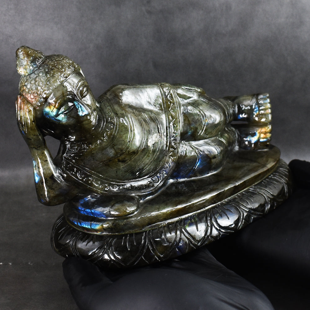 Exclusive 7235.00 Cts Genuine Blue Flash Labradorite Hand Carved Crystal Sleeping Buddha Gemstone Carving