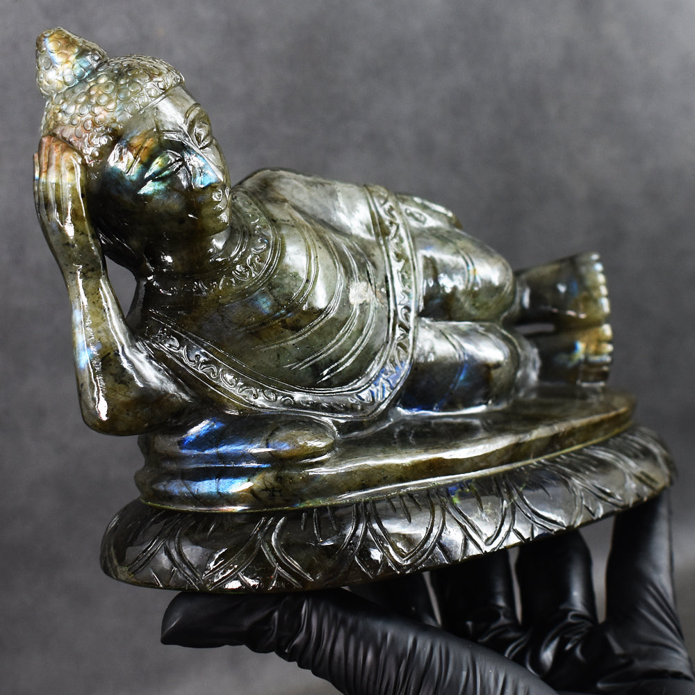 Exclusive 7235.00 Cts Genuine Blue Flash Labradorite Hand Carved Crystal Sleeping Buddha Gemstone Carving