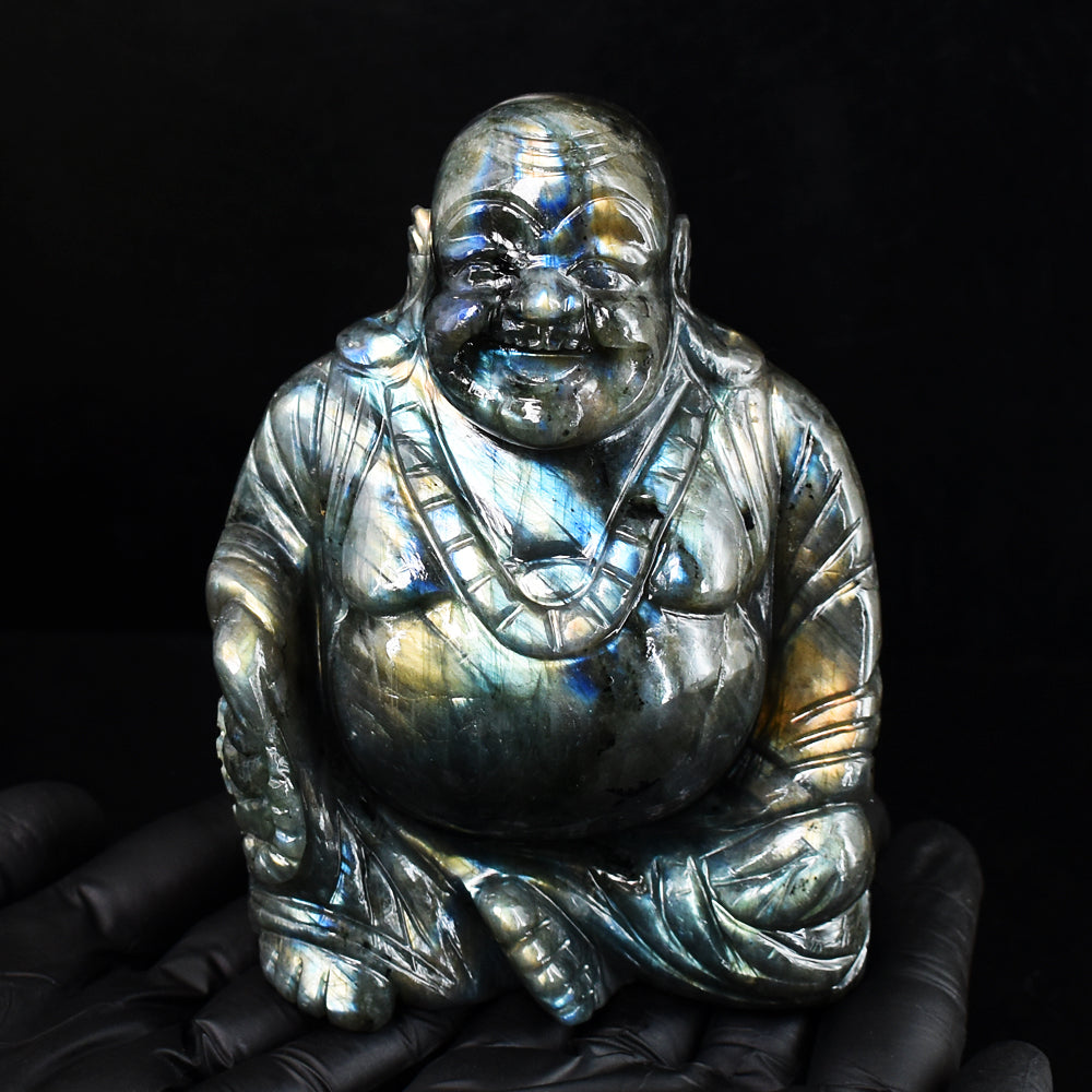 Awesome 4964.00 Cts Genuine Amazing Flash Labradorite Hand Carved Gemstone Laughing Buddha Carving