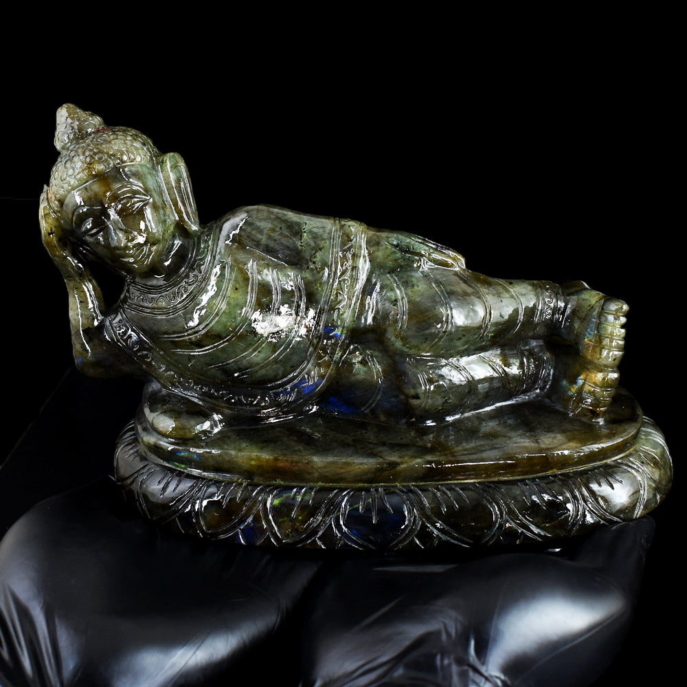 Exclusive 7235.00 Cts Genuine Blue Flash Labradorite Hand Carved Crystal Sleeping Buddha Gemstone Carving