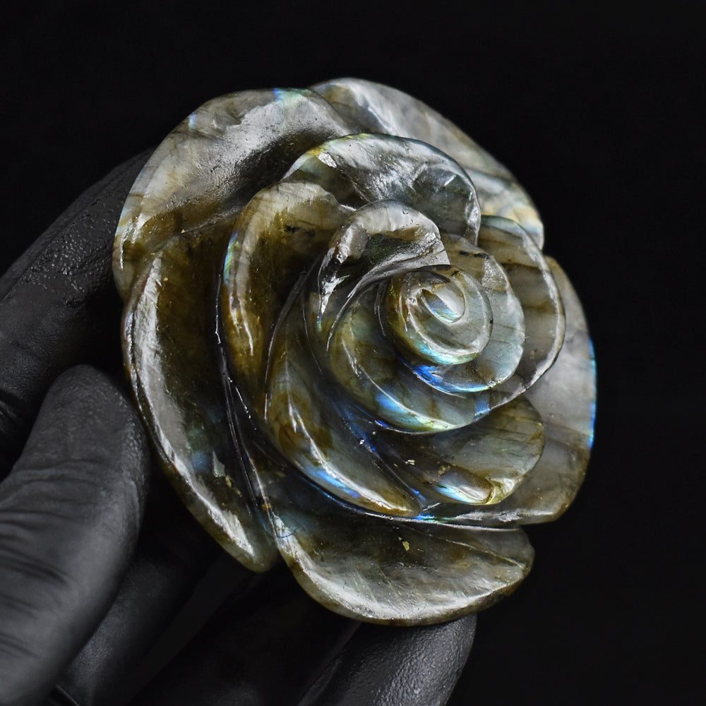 Artisian 634.00 Cts Genuine Golden & Blue Flash Labradorite Carved Crystal Rose Gemstone Carving