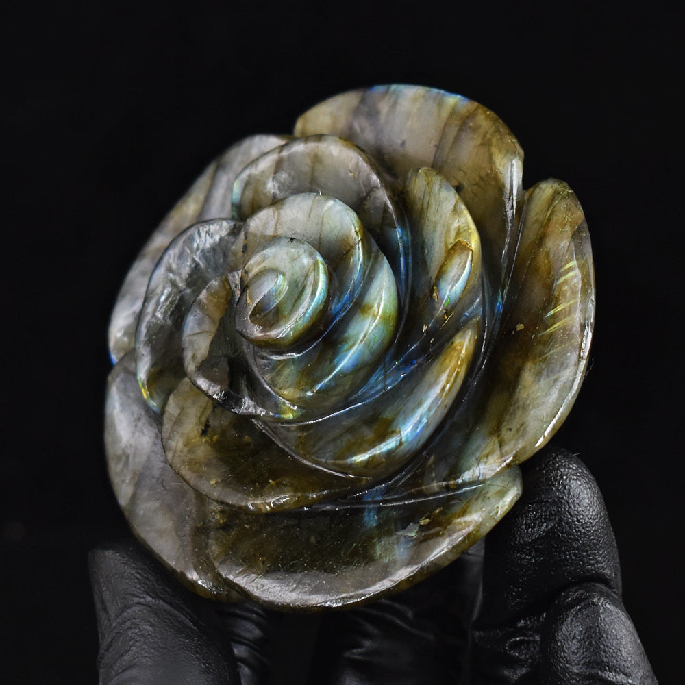 Artisian 634.00 Cts Genuine Golden & Blue Flash Labradorite Carved Crystal Rose Gemstone Carving