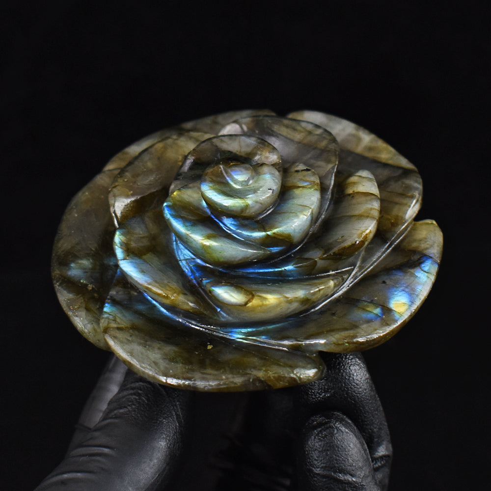 Artisian 634.00 Cts Genuine Golden & Blue Flash Labradorite Carved Crystal Rose Gemstone Carving