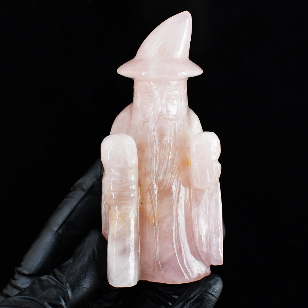 Natural 1068.00 Cts Genuine Pink Rose Quartz Hand Carved Gemstone Crystal Wizard Carving