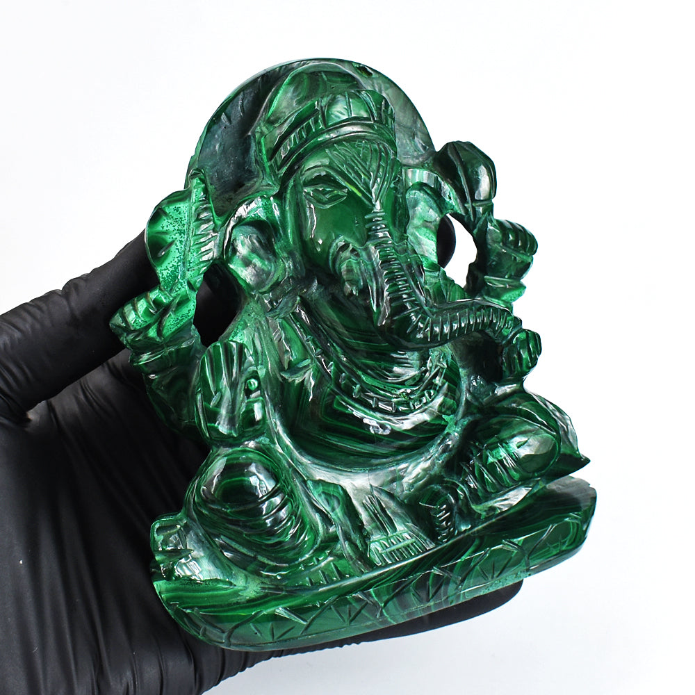 Awesome 4243.00 Cts Genuine Malachite Hand Carved Crystal Gemstone Lord Ganesha Carving