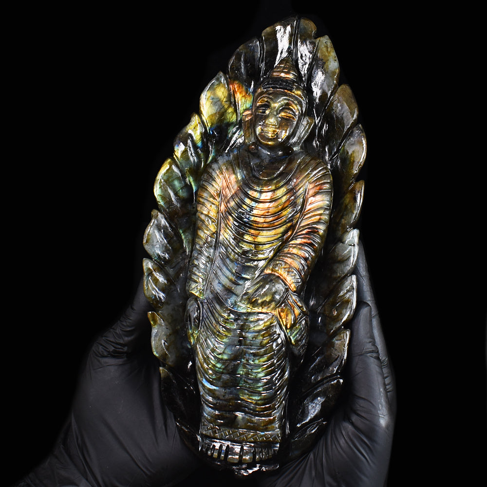 Gorgeous 7540.00 Cts Genuine Golden & Orange Flash Labradorite Hand Carved Crystal Buddha Gemstone Carving