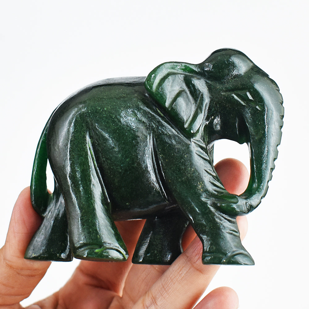 Genuine 1345.00 Cts Green Jade Hand Carved Crystal Elephant Gemstone Carving