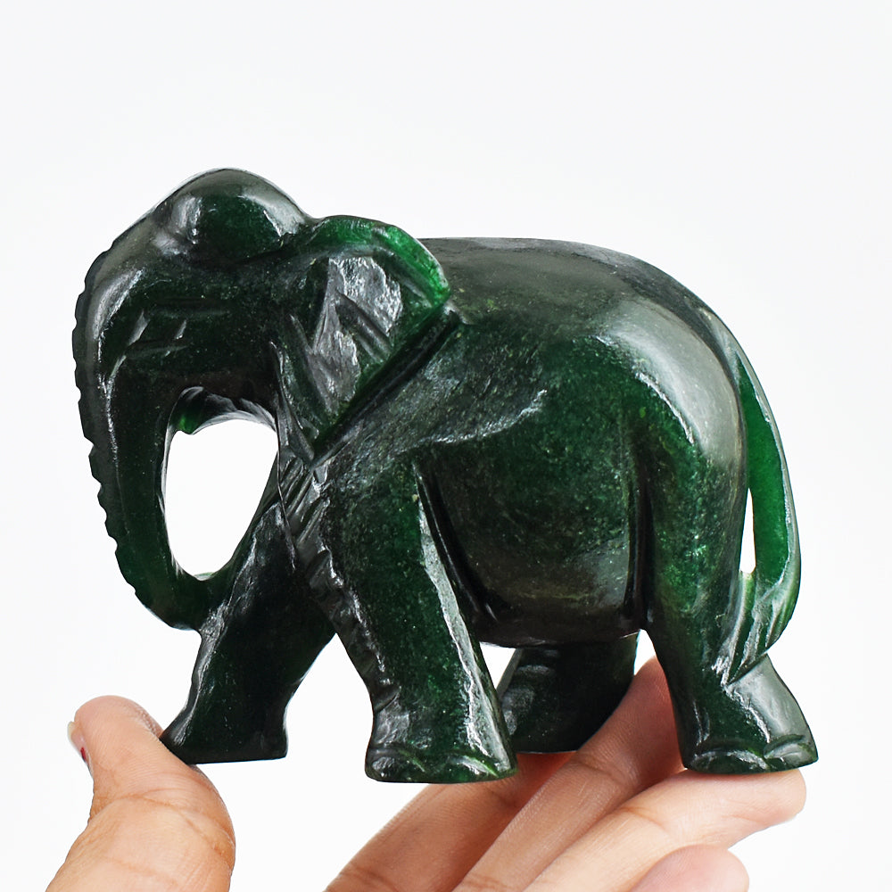 Genuine 1345.00 Cts Green Jade Hand Carved Crystal Elephant Gemstone Carving