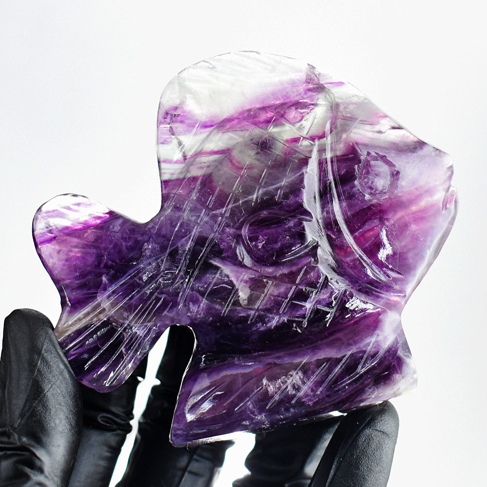 Goegeous 902.00 Cts Genuine Purple Fluorite Hand Carved Gemstone Crystal Fish Carving