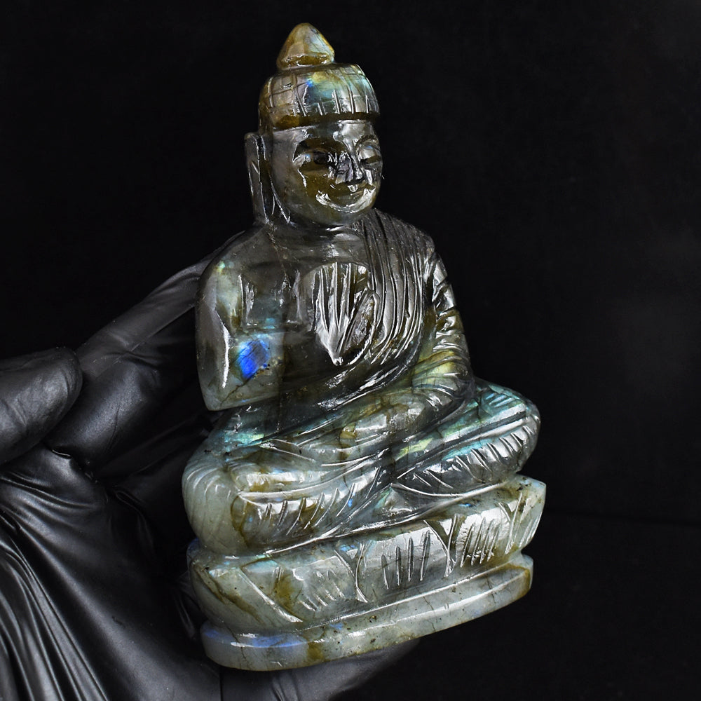 Natural 1582.00 Cts Genuine Labradorite Hand Carved Gemstone Buddha Idol Crystal Carving