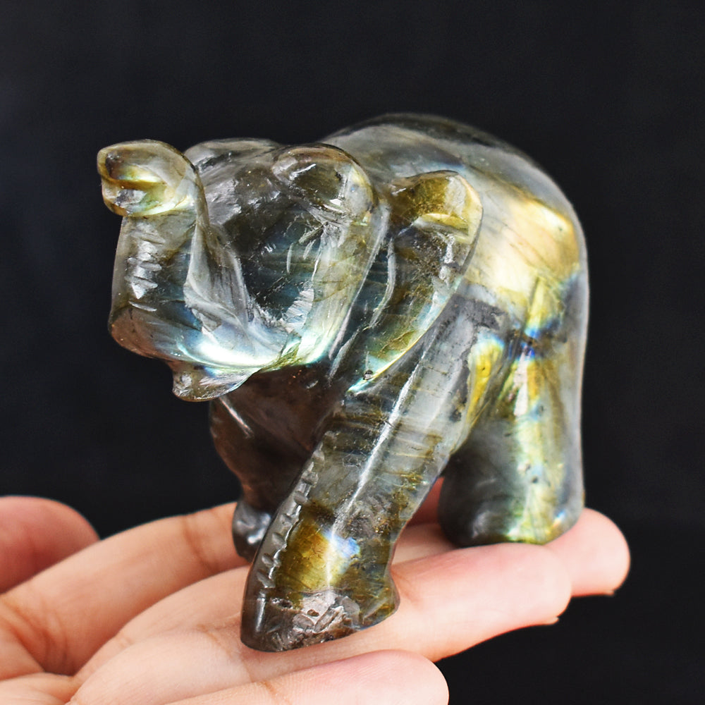 Gorgeous 1177.00 Cts  Genuine Amazing Flash Labradorite Hand Carved Crystal Elephant Carving