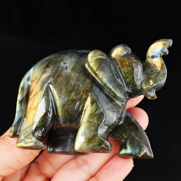 Gorgeous 1177.00 Cts  Genuine Amazing Flash Labradorite Hand Carved Crystal Elephant Carving