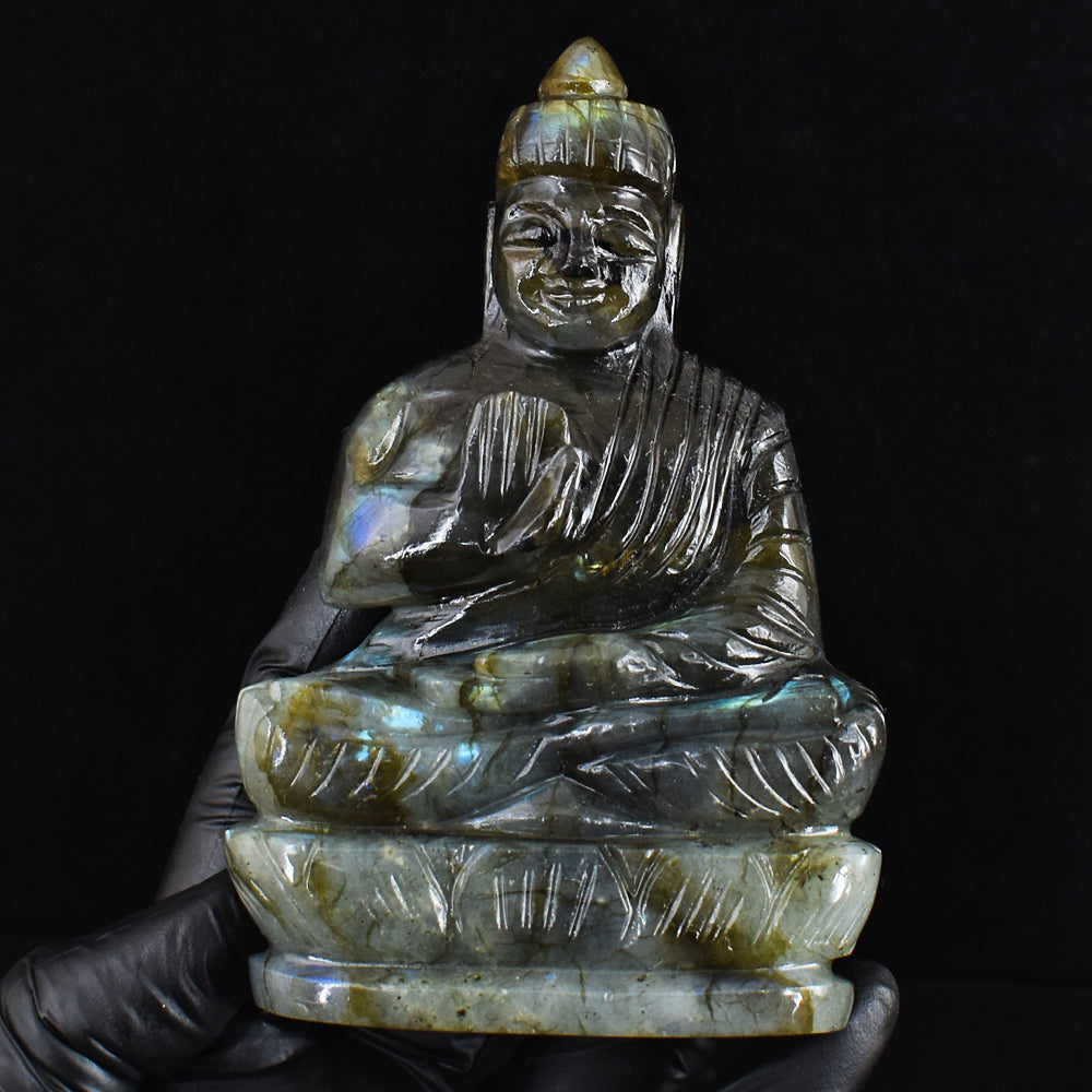 Natural 1582.00 Cts Genuine Labradorite Hand Carved Gemstone Buddha Idol Crystal Carving