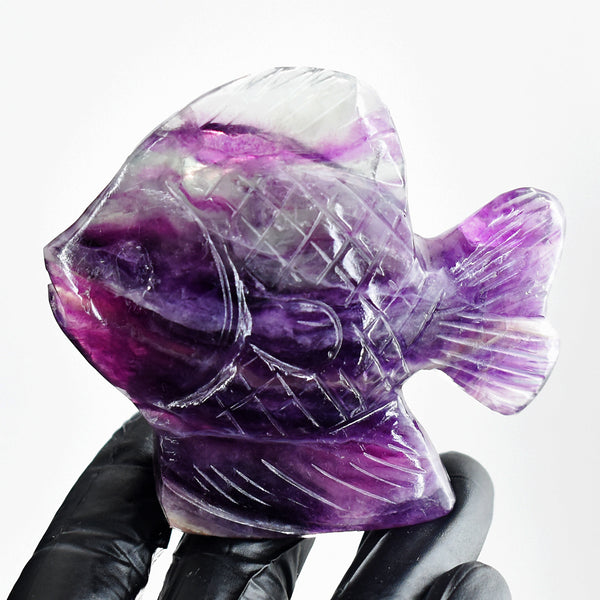 Goegeous 902.00 Cts Genuine Purple Fluorite Hand Carved Gemstone Crystal Fish Carving