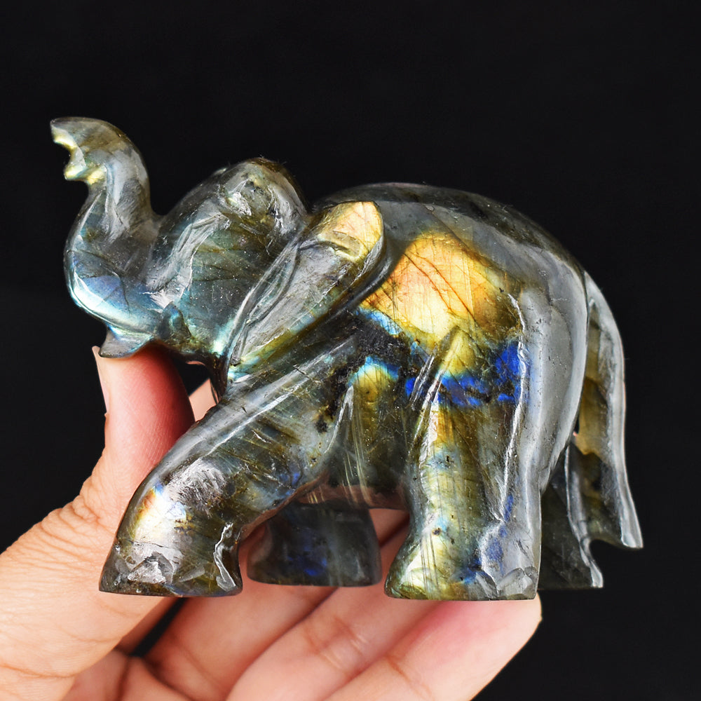 Gorgeous 1177.00 Cts  Genuine Amazing Flash Labradorite Hand Carved Crystal Elephant Carving