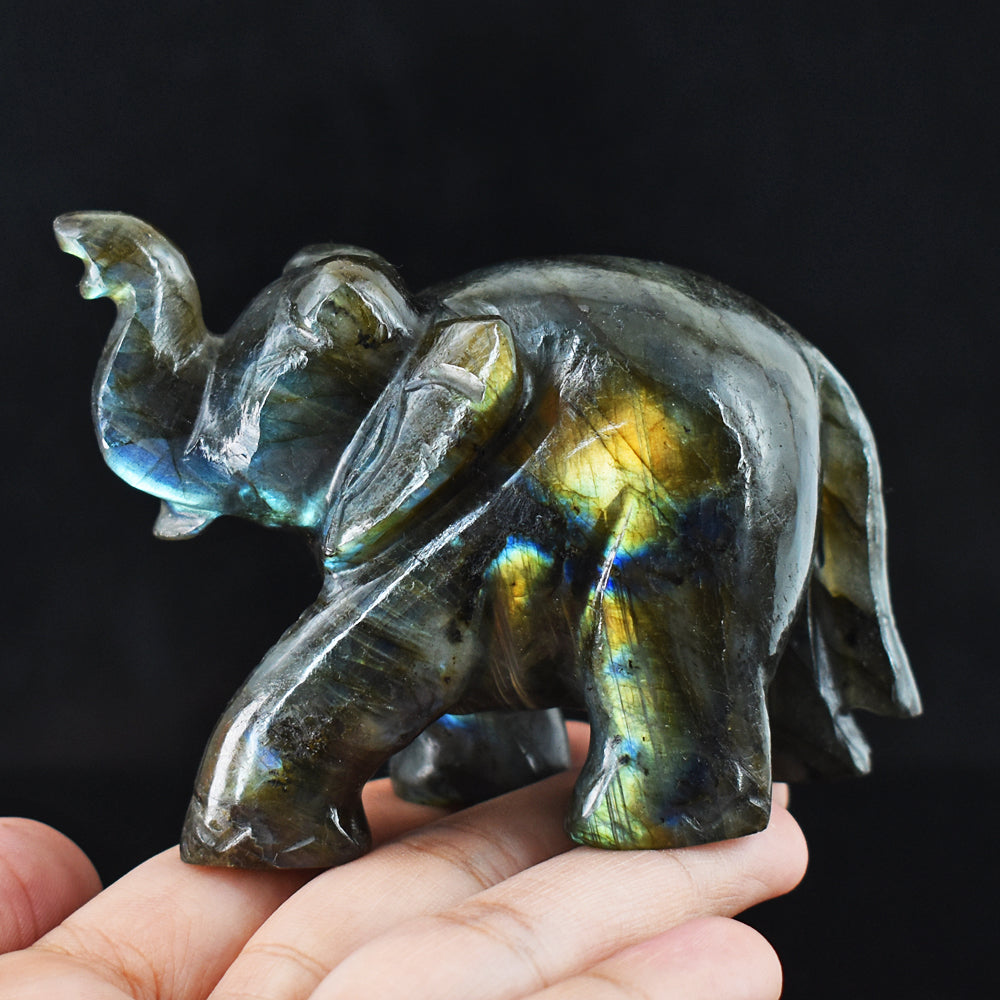 Gorgeous 1177.00 Cts  Genuine Amazing Flash Labradorite Hand Carved Crystal Elephant Carving