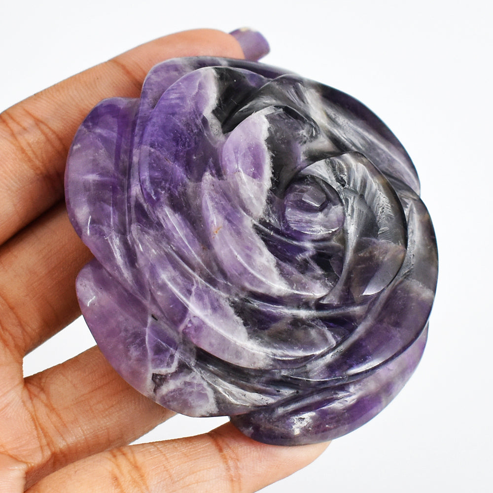 Natural 650.00 Cts  Genuine  Amethyst  Hand  Carved  Rose  Flower  Gemstone Carving