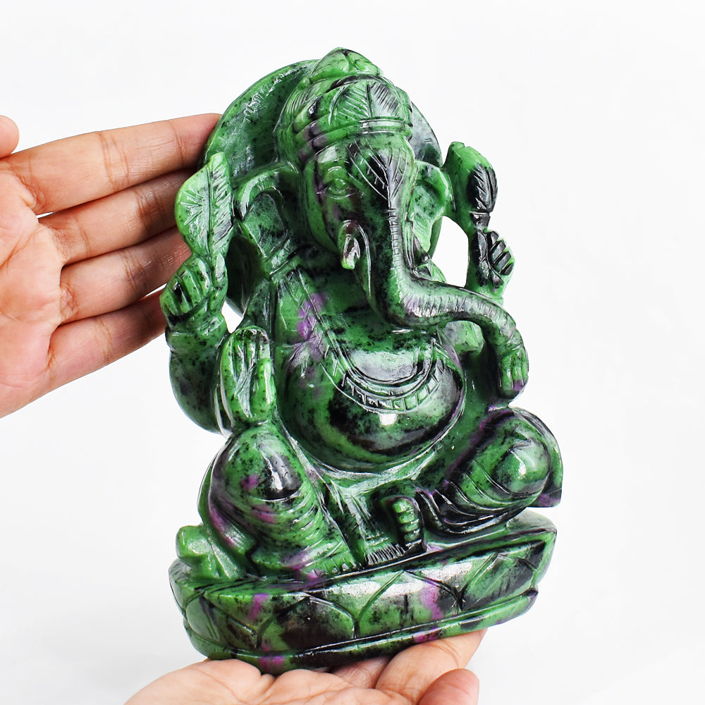 Stunning  11470.00 Cts Genuine Ruby Zoisite Hand Carved Crystal Gemstone Carving Lord Ganesha Idol