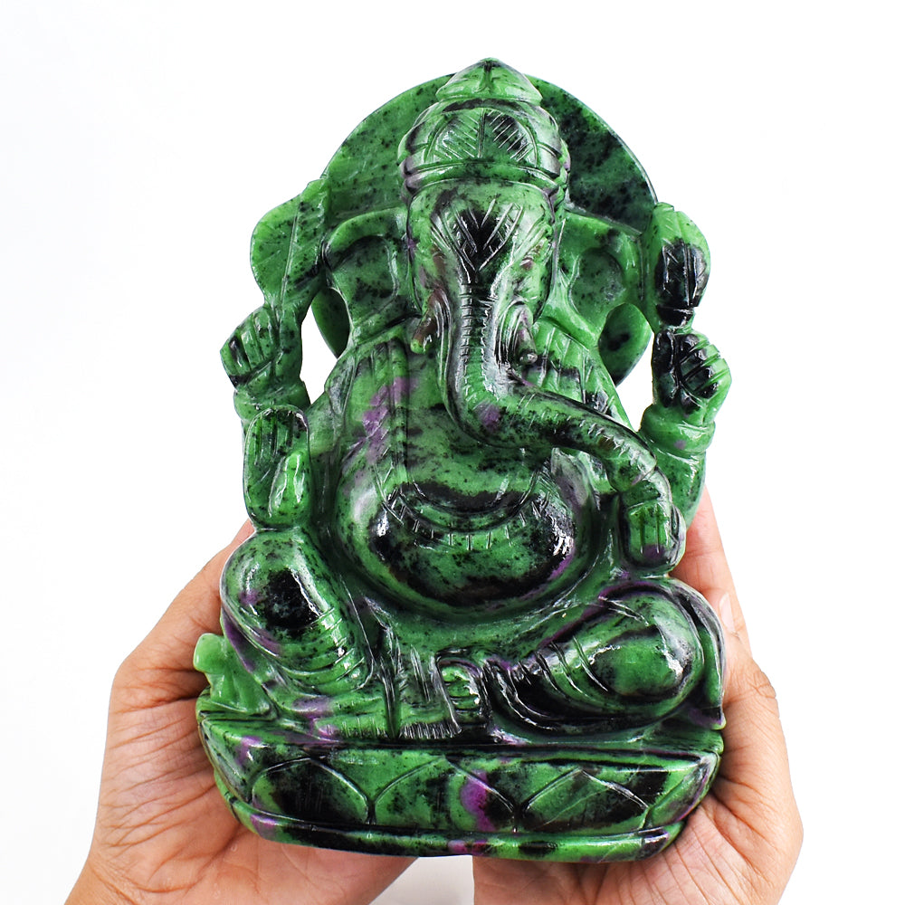 Stunning  11470.00 Cts Genuine Ruby Zoisite Hand Carved Crystal Gemstone Carving Lord Ganesha Idol