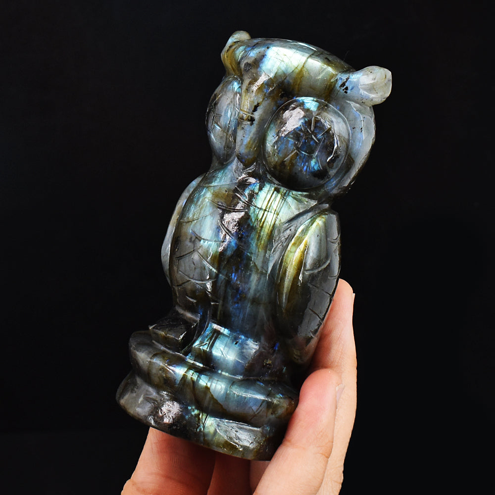 Stunning  1720.00  Carats  Genuine  Amazing  Flash Labradorite  Hand Carved Gemstone Owl Carving