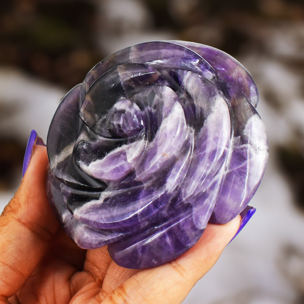 Natural 650.00 Cts  Genuine  Amethyst  Hand  Carved  Rose  Flower  Gemstone Carving