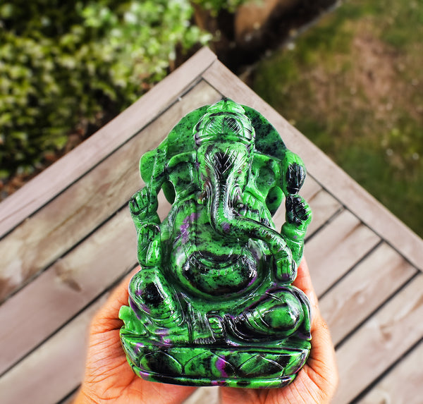 Stunning  11470.00 Cts Genuine Ruby Zoisite Hand Carved Crystal Gemstone Carving Lord Ganesha Idol