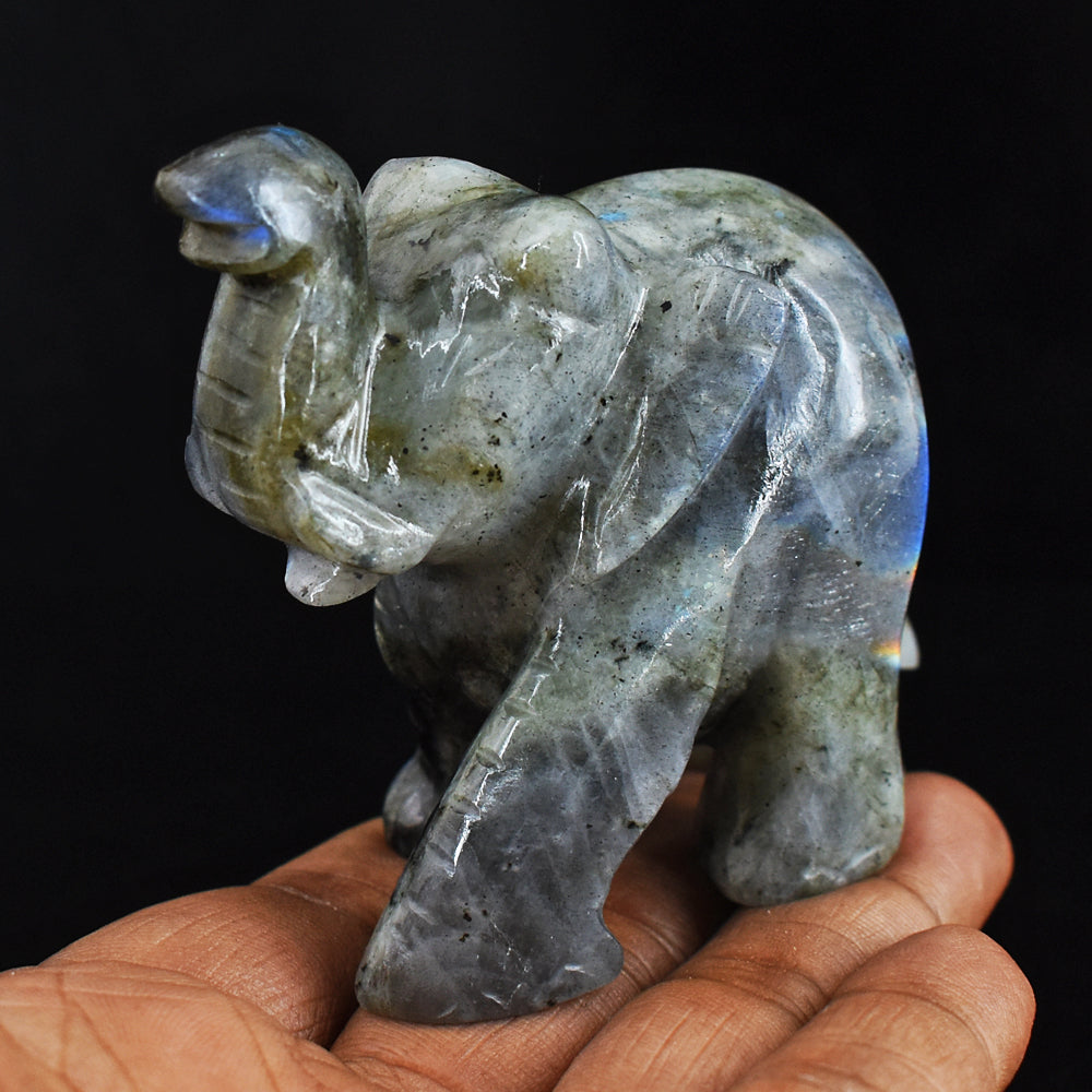 Blue Flash Labradorite  760.00 Cts Genuine Hand Carved Crystal Gemstone Carving Elephant