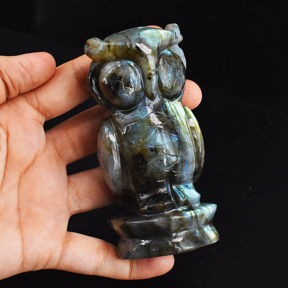 Stunning  1720.00  Carats  Genuine  Amazing  Flash Labradorite  Hand Carved Gemstone Owl Carving