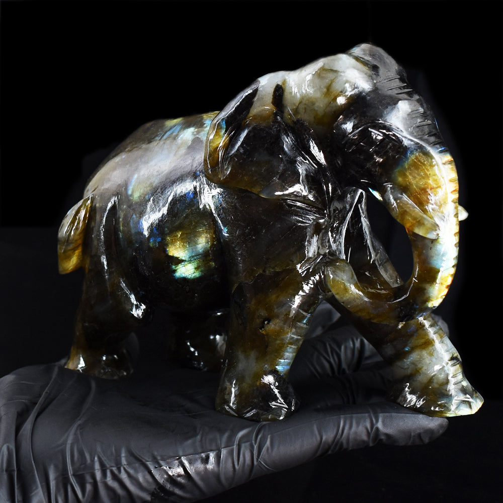 Exclusive 5050.00 Cts Genuine Golden Flash Labradorite Hand Carved Crystal Gemstone Elephant Carving