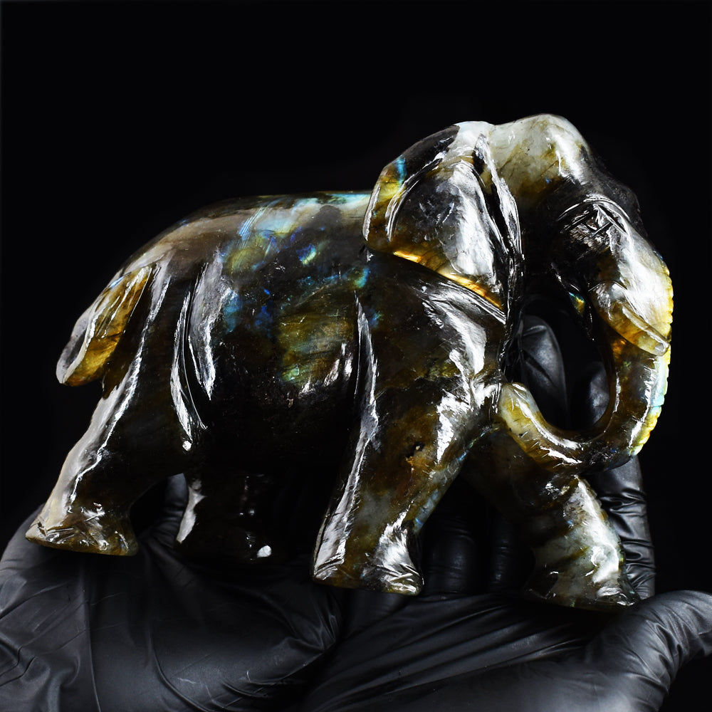 Exclusive 5050.00 Cts Genuine Golden Flash Labradorite Hand Carved Crystal Gemstone Elephant Carving