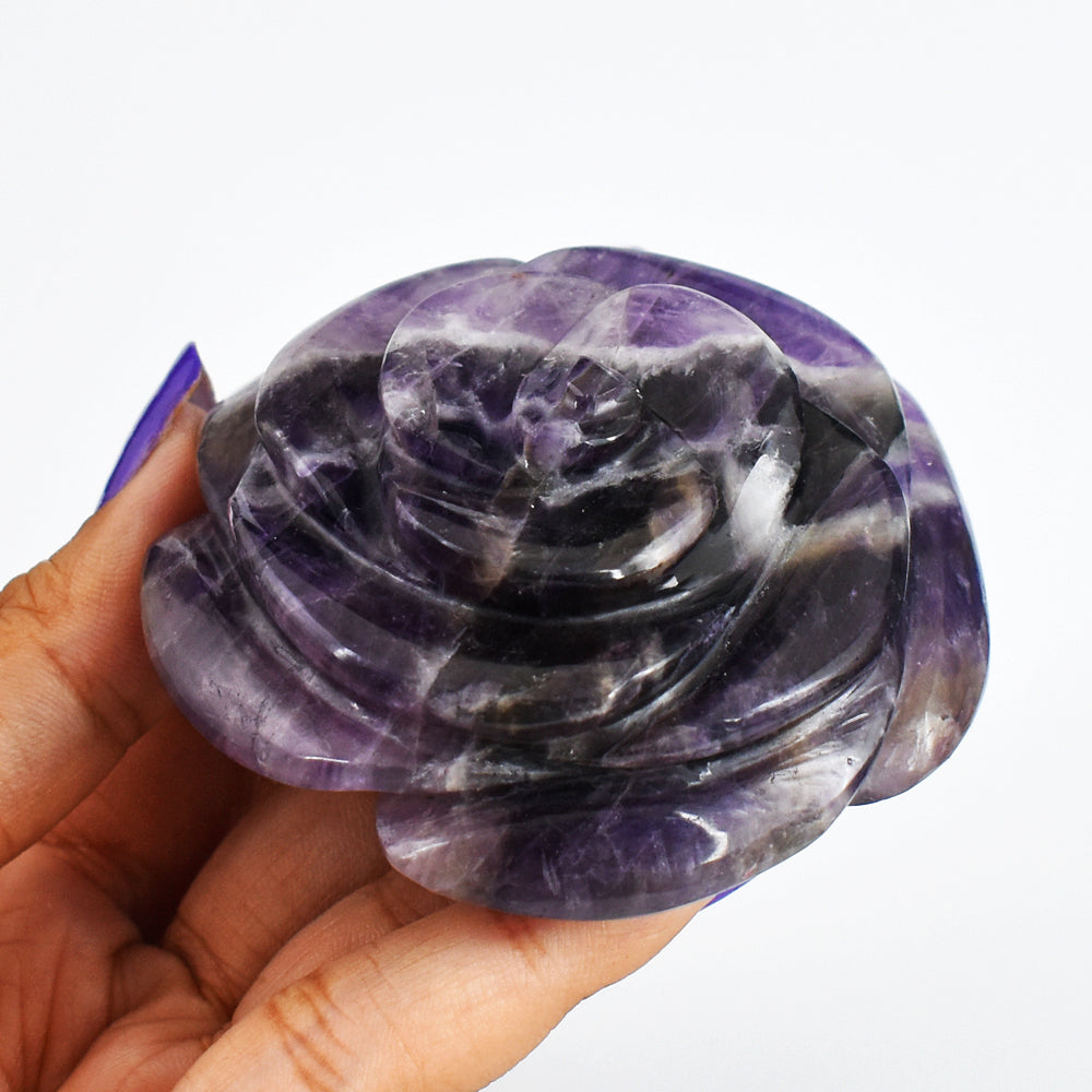 Natural 650.00 Cts  Genuine  Amethyst  Hand  Carved  Rose  Flower  Gemstone Carving