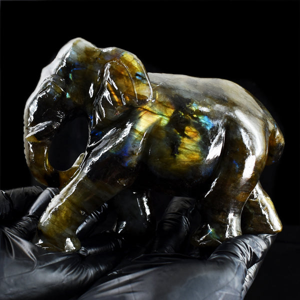 Exclusive 5050.00 Cts Genuine Golden Flash Labradorite Hand Carved Crystal Gemstone Elephant Carving