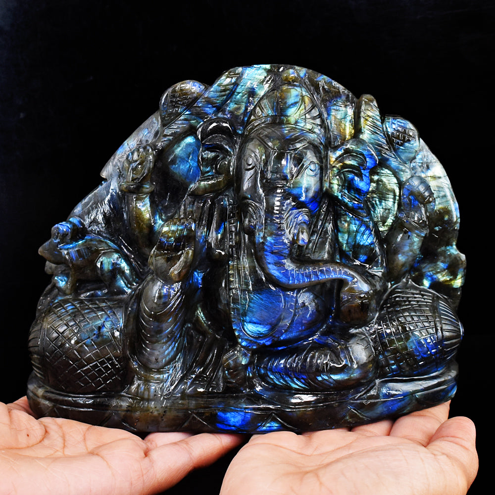 Gorgeous 10540.00  Cts Genuine Blue Flash Labradorite Hand Carved Crystal Lord Ganesha Gemstone Carving