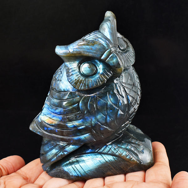 Beautiful 4761.00 Cts Genuine Blue Flash Labradorite Hand Carved Gemstone Owl Carving