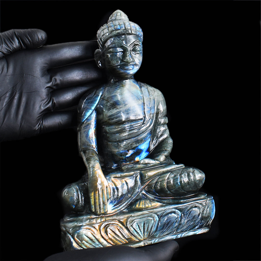 Excellent 8538.00 Cts Genuine Amazing Flash Labradorite Hand Carved Crystal Buddha Idol Gemstone Carving