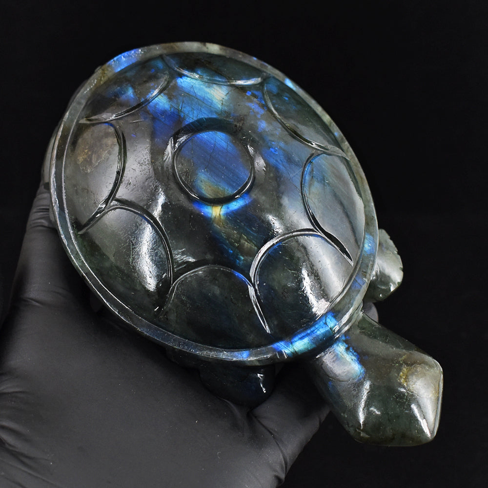 Gorgeous 1809.00 Cts  Genuine  Blue  Flash Labradorite Hand Carved Crystal Gemstone Turtle Carving