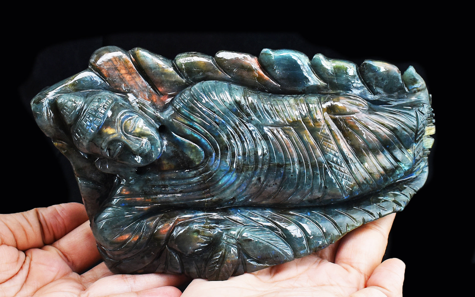 Excellent 6890.00 Cts Genuine Pink Flash Labradorite Hand Carved Sleeping Lord Buddha Gemstone Carving