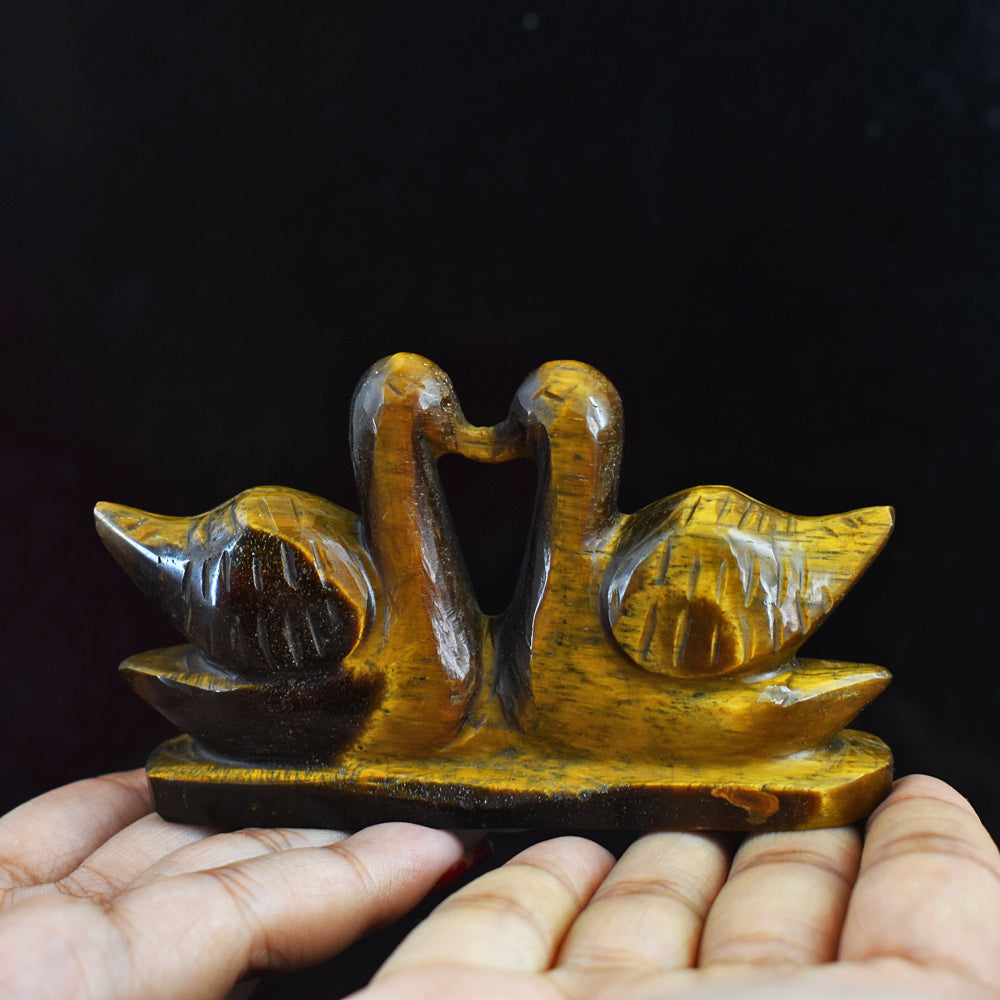 Exclusive  680.00 Carats  Genuine Tiger Eye Hand  Carved  Crystal Swan Pair  Gemstone Carving