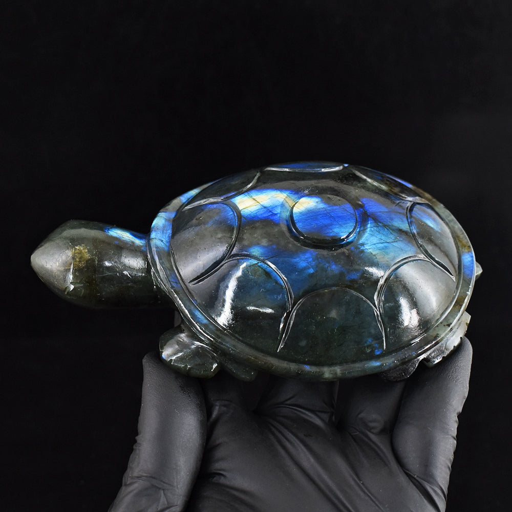 Gorgeous 1809.00 Cts  Genuine  Blue  Flash Labradorite Hand Carved Crystal Gemstone Turtle Carving