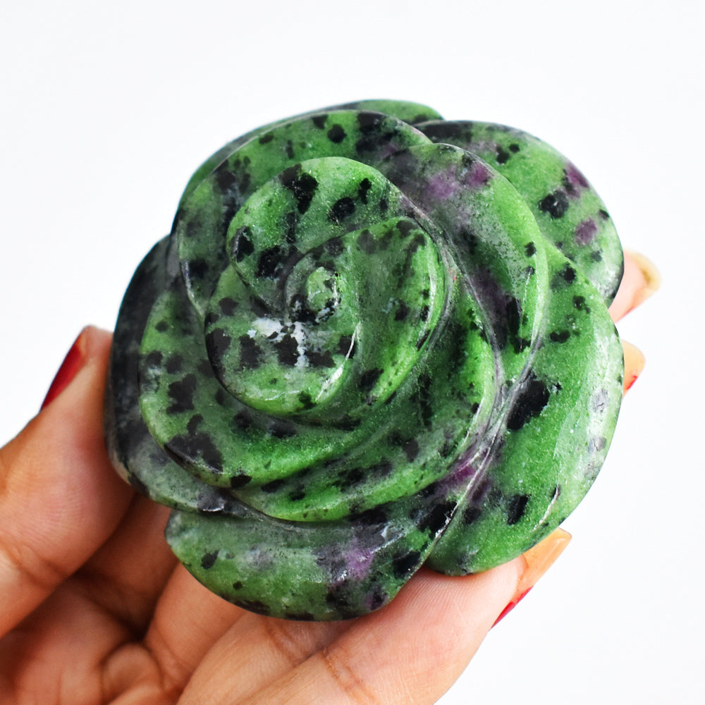 Beautiful 481.00  Carats  Genuine  Ruby Zoisite   Hand  Carved  Rose   Gemstone  Carving