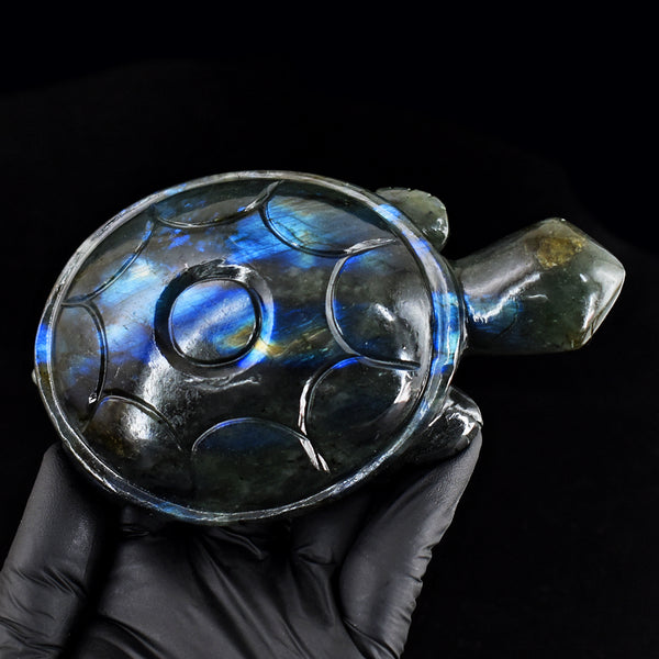 Gorgeous 1809.00 Cts  Genuine  Blue  Flash Labradorite Hand Carved Crystal Gemstone Turtle Carving