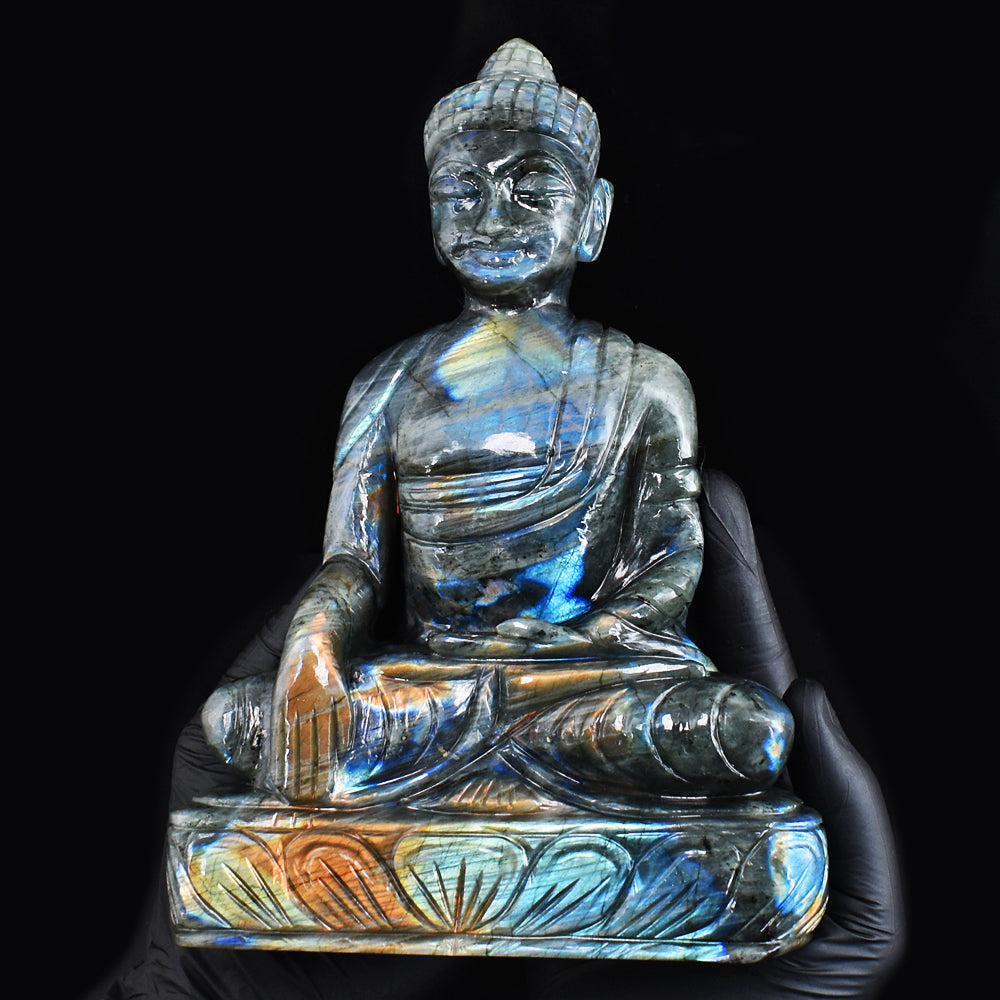 Excellent 8538.00 Cts Genuine Amazing Flash Labradorite Hand Carved Crystal Buddha Idol Gemstone Carving