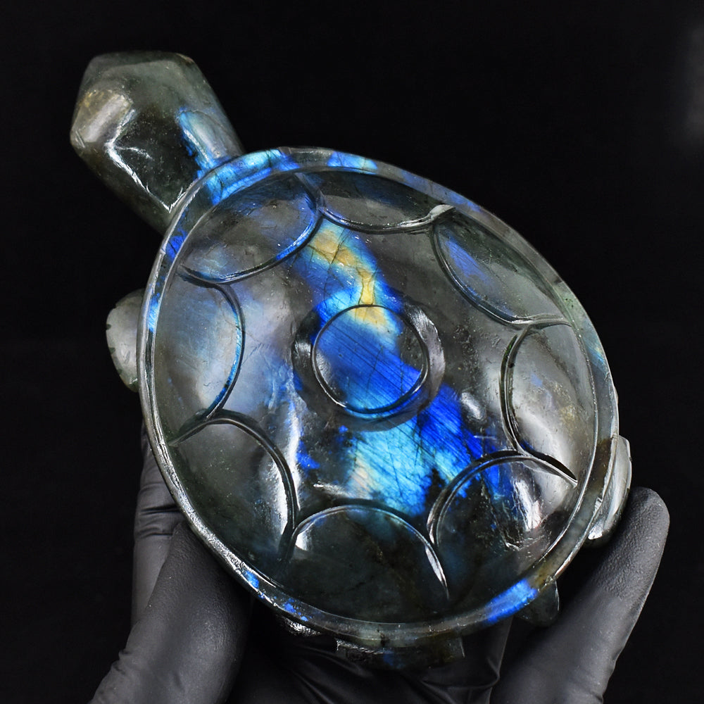 Gorgeous 1809.00 Cts  Genuine  Blue  Flash Labradorite Hand Carved Crystal Gemstone Turtle Carving