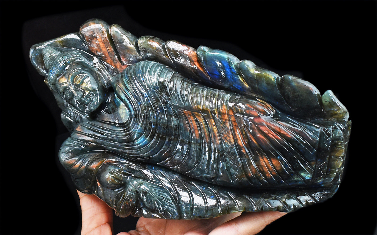 Excellent 6890.00 Cts Genuine Pink Flash Labradorite Hand Carved Sleeping Lord Buddha Gemstone Carving