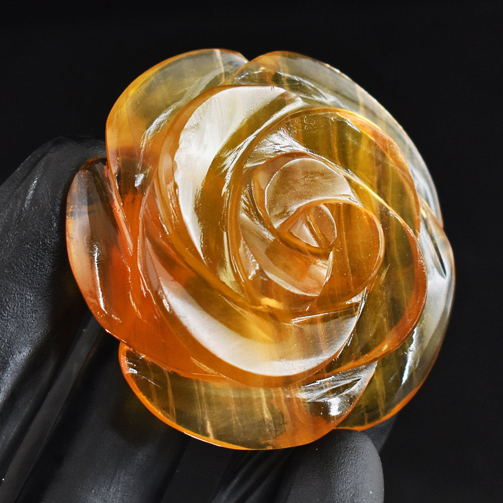 Genuine 384.00 Cts Genuine Yellow Fluorite Carved Crystal Gemstone Rose Carving