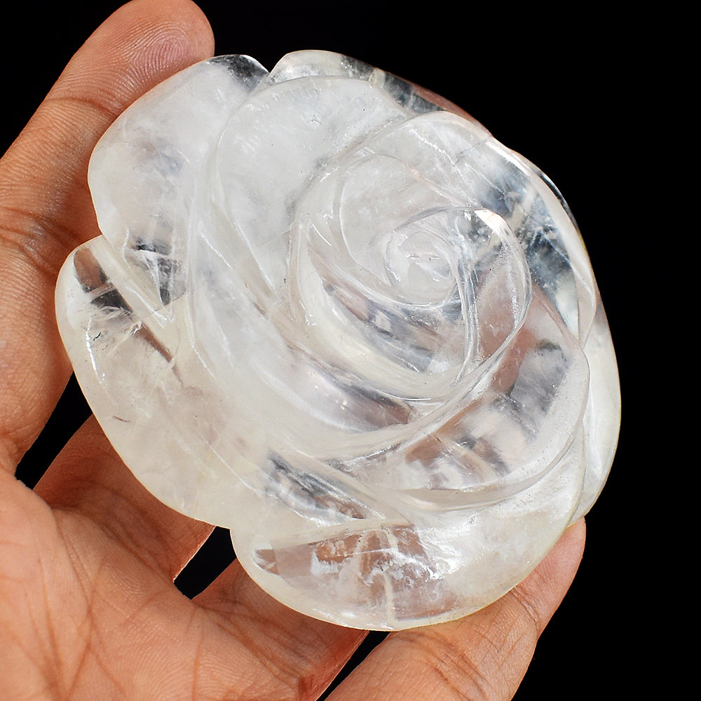 Exclusive  570.00  Carats  Genuine  White  Quartz  Hand Carved Crystal  Rose Flower  Gemstone Carving