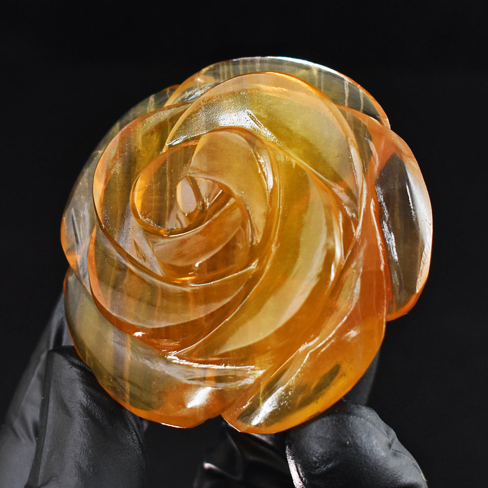 Genuine 384.00 Cts Genuine Yellow Fluorite Carved Crystal Gemstone Rose Carving